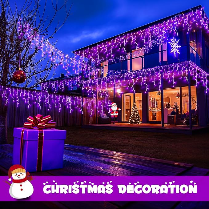 JMEXSUSS Purple Christmas Lights Outdoor, 800 LED Purple Icicle Lights Outdoor Waterproof, 8 Modes String Light Plug in for Fireplace Tree Garden Patio Halloween Decor