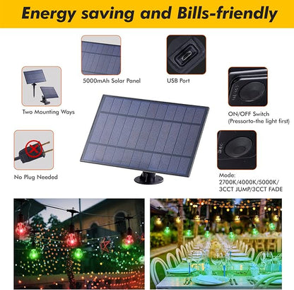 35FT Solar String Lights Outdoor, 11 Shatterproof LED Edison Bulbs, Dimmable RGB Color Changing Patio Lights with Remote. Waterproof for Garden Commercial Solar-Powered Decorative Lighting