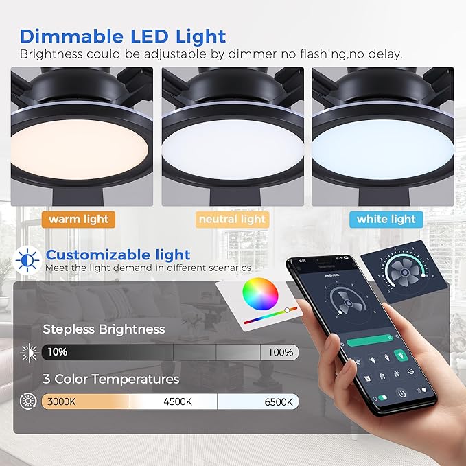 Ayaoty Ceiling Fans with Lights - 52in Flush Mount Ceiling Fan with RGB Dimmable, 3CCT 6 Wind Speeds and Reversible Quiet Motor, Low Profile RGB Fan Light for Modern Indoor, Party - Black RGB
