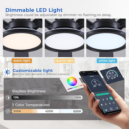 Ayaoty Ceiling Fans with Lights - 52in Flush Mount Ceiling Fan with RGB Dimmable, 3CCT 6 Wind Speeds and Reversible Quiet Motor, Low Profile RGB Fan Light for Modern Indoor, Party - Black RGB