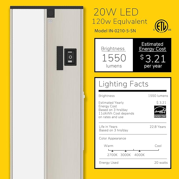 Getinlight 40-inch 3 Color Levels LED Under Cabinet Lighting, Hardwired or Plugged-in, Selectable White 2700K/3000K/4000K, Dimmable, Brushed Nickel Finished, IN-0210-5-SN