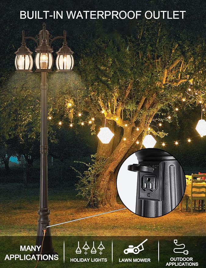 Dusk to Dawn Vintage Outdoor Post Light 82.7"H 3-Headed Lamp Post with Outlet IP65 Waterproof Street Lantern 3 Light Black Clear Glass Outdoor Lamp Post Lights E26 Outdoor Street Light Yard