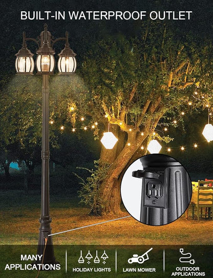 Dusk to Dawn Vintage Outdoor Post Light 82.7"H 3-Headed Lamp Post with Outlet IP65 Waterproof Street Lantern 3 Light Black Clear Glass Outdoor Lamp Post Lights E26 Outdoor Street Light Yard