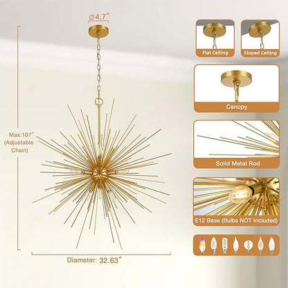 Untrammelife 33in Modern Gold Sputnik Chandelier, 9-Light Starburst Pendant Light Fixture, Mid-Century Firework Ceiling Fixture for Entryway, Dining Room, Living Room, Bedroom, Kitchen