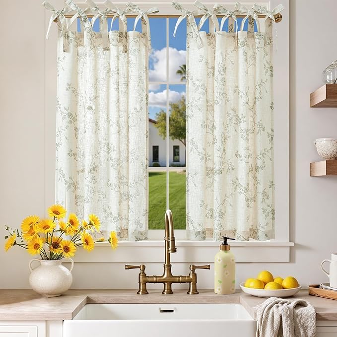 jinchan Floral Kitchen Curtains 36 Inch Linen Tier Curtains Farmhouse Cafe Half Window Drapes Over Sink Light Filtering Black on Beige for Living Room Laundry Tie Top 2 Panels