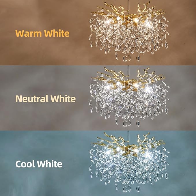 Modern Tree Branch Crystal Chandelier 23.6" Gold Luxury Large Pendant Lighting 8-Light Contemporary K9 Crystal Chandeliers for Dining Room Kitchen Living Room Foyer Entryway (Gold, D23.6"-Round)