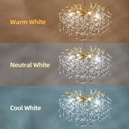 Modern Tree Branch Crystal Chandelier 23.6" Gold Luxury Large Pendant Lighting 8-Light Contemporary K9 Crystal Chandeliers for Dining Room Kitchen Living Room Foyer Entryway (Gold, D23.6"-Round)