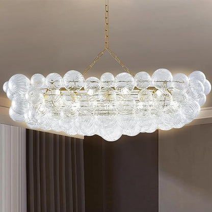 Luxury Bubble Glass Chandeliers Clear Ribbed Swirled Blown Glass Ball 50" L Rectangular Island Light Fixture Hanging Pendant Light Fixtures for Living Room Restaurant Dining Table
