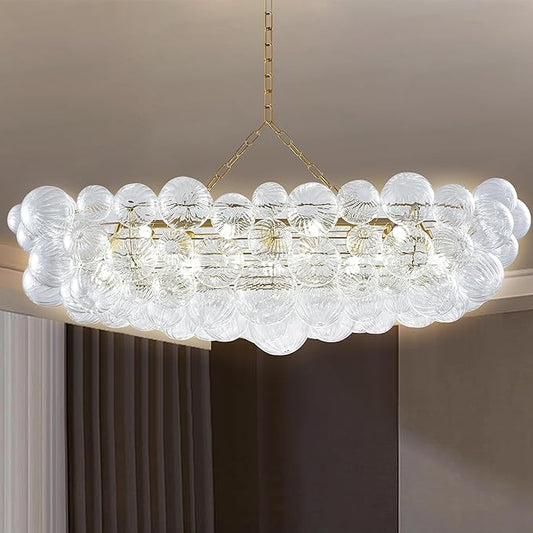 Luxury Bubble Glass Chandeliers Clear Ribbed Swirled Blown Glass Ball 50" L Rectangular Island Light Fixture Hanging Pendant Light Fixtures for Living Room Restaurant Dining Table