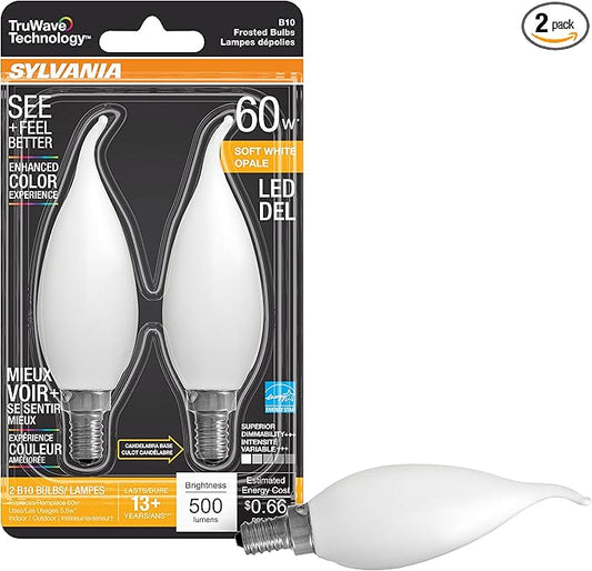 Sylvania LED TruWave Natural Series Décor B10 Light Bulb, 60W Equivalent Efficient 5.5W, 500 Lumens, Candelabra Base, Dimmable, Frosted, 2700K, Soft White - 2 Pack (40781)