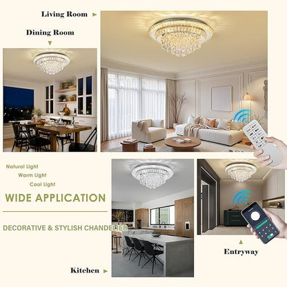 COCOSTAR 24 inch Flush Mount Crystal Chandeliers with Remote and APP, Modern Elegant LED Crystal Raindrop Ceiling Light Fixture, 3CCT Dimmable, for Living Room Kitchen Island Bedroom Entryway Foyer
