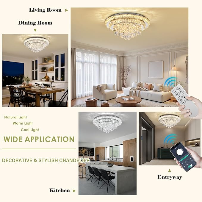 24 inch Crystal Silver Ceiling-Light Flush Mount With Remote Control and APP, 3CCT Dimmable & Brightness Adjustable, Modern Crystal Raindrop Chandeliers for Bedroom Hallway Dinning Room Living Room