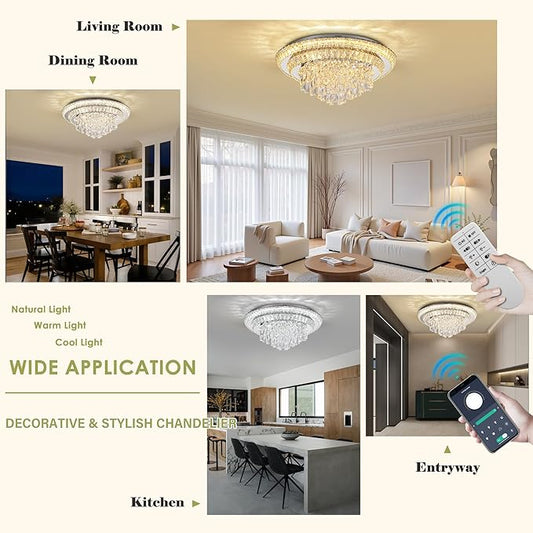 24 inch Crystal Silver Ceiling-Light Flush Mount With Remote Control and APP, 3CCT Dimmable & Brightness Adjustable, Modern Crystal Raindrop Chandeliers for Bedroom Hallway Dinning Room Living Room