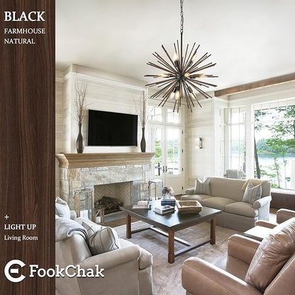 Black Wood Sputnik Chandeliers 12 Light Starburst Chandelier Light Fixture Solid Wood Farmhouse Satellite Light Fixture for Dining Room Bathroom Entryway Kitchen Island Bedroom 24in