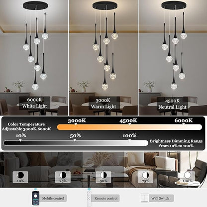 Modern Black Crystal Chandelier for Kitchen Island 7-Lights, Luxury Spiral Dimmable LED Bubble Raindrop Pendant Lighting Fixture for Dining Room Foyer Entryway Bedroom