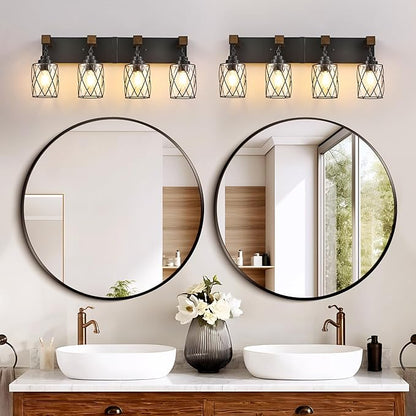 Farmhouse Bathroom Light Fixtures, 4 Light Bathroom Vanity Light with Metal and Glass Lampshade, Wood Rustic Lighting Fixtures Over Mirror, Black Wall Sconces for Living Room, Bedroom