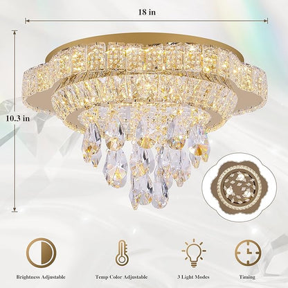 18" Gold Crystal LED Ceiling Light with Remote Control,Flush Mount Chandelier with 3-Color Dimmable for Living Room Bedroom Dining Room Hallway - Modern Flower Design