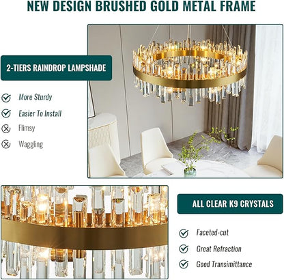 Siljoy 16-Light Modern Crystal Chandelier, Luxury Brushed Gold 2-Tiers K9 Crystal Raindrop Chandeleir, Adjustable Dimmable Crystal Ceiling Light for Dining Living Room Bedroom Entryway D31.5''