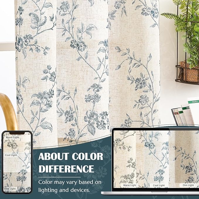 jinchan Floral Kitchen Curtains 30 Inch Linen Tier Curtains Farmhouse Cafe Half Window Drapes Over Sink Light Filtering Blue on Beige for Living Room Laundry RV Rod Pocket 2 Panels