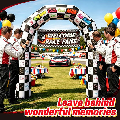 8FT Black and White Checkered Outdoor Race Car Inflatable Arch with Happy Birthday Banner, Blow Up Racing Party Decoration with Built-in 3 LED Lights for Race Car Themed Birthday Party Lawn Yard Decor