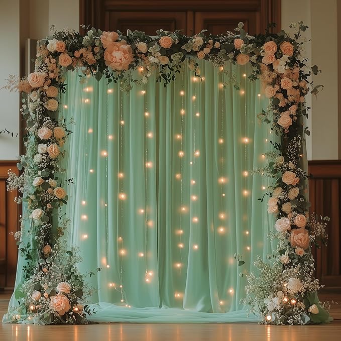 Fomcet Tulle Curtains with Lights String Green 10FT X 10FT Sheer Backdrop Curtains for Parties Wedding Baby Shower Photo Shoot Decorations (2 Panels 5x10FT)