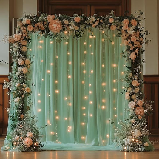 Fomcet Tulle Curtains with Lights String Green 10FT X 8FT Sheer Backdrop Curtains for Parties Wedding Baby Shower Photo Shoot Decorations (2 Panels 5x8FT)