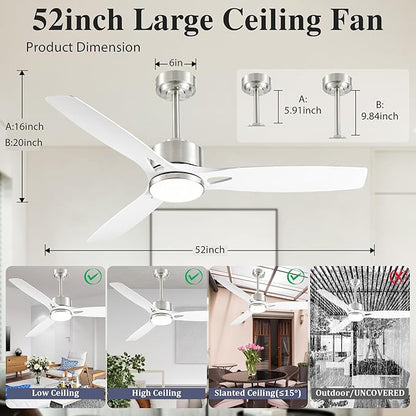 DIAMONDFORGE 52 Inch Ceiling Fans with Lights and Remote Control - Outdoor Indoor Flush Mount Low Profile Silver White Ceiling Fans for Living Room,Bedroom,Patio