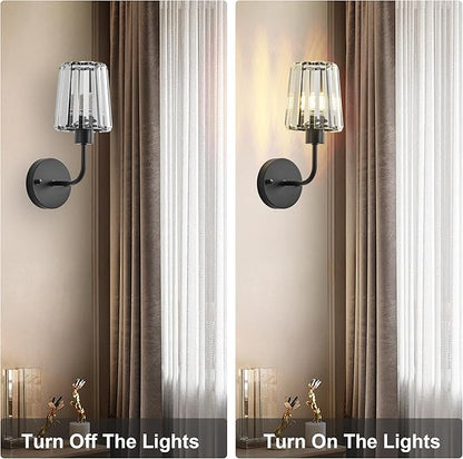 KARTOOSH Hardwired Crystal Wall Sconces Set of Two - Dimmable Wall Light Fixtures 3000K, Warm White, for Hallway, Bathroom, Living Room, Bedroom, Black, 13 Inch