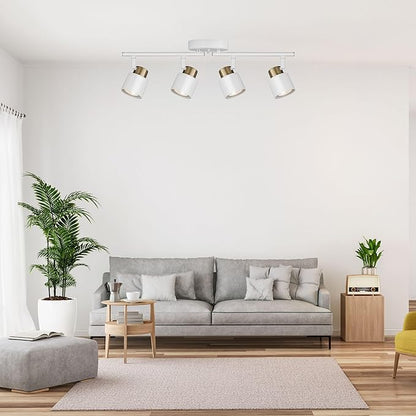 4 Light Track Lighting Kit, Matte White Brass Finish Adjustable with Modern Flush Mount Ceiling Spotlight for Kitchen,Dining,Living Room,Home Improvement