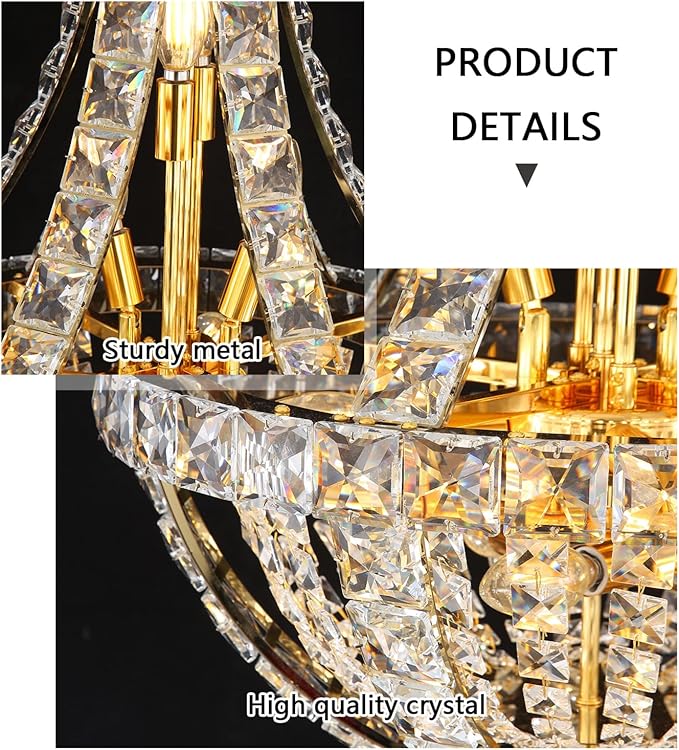 Luxury Large Empire Chandelier High Ceiling Crystal Chandeliers for Foyer Gold Light Fixture for Staircase Living Room E12 Bulbs Required