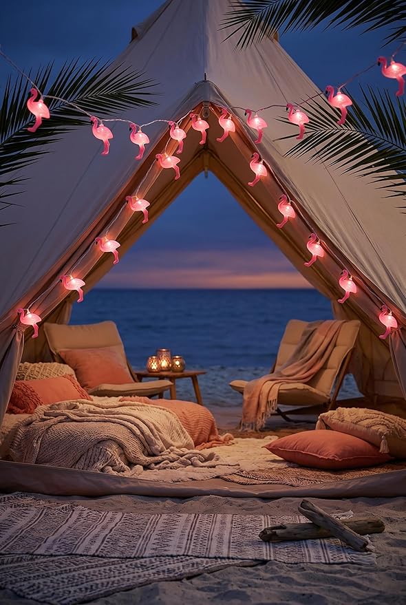 Summer Themed Pink Flamingo String Lights, 8.5Ft Tropical Beach Flamingo Decor Lights, Indoor/Outdoor Party Lights for Bedroom Birthday Wedding Holiday Hawaiian Tiki Tropical Party Décor