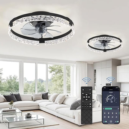 LEDIARY 2 Pack 20 Inch Ceiling Fans with Lights and Remote, Fandelier Modern Low Profile Ceiling Fan, 3000K-6000K Dimmable LED Fan Light, Black Flush Mount Ceiling Fans with Lights for Bedroom
