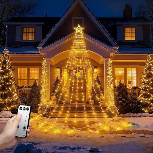 Star String Lights, 350 LED Tree Waterfall Fairy Lights, Outdoor Waterproof Christmas Decoration Lights with Remote, 16FT X 9 Hanging LED Lamp for Garden Yard Wedding Birthday Festival, Warm Yellow