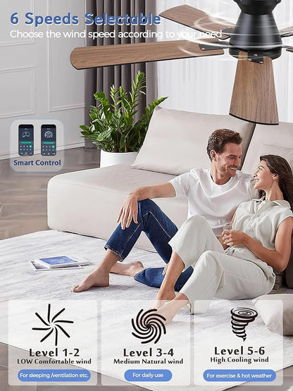 Ceiling Fans with Lights, 52'' Low Profile Ceiling Fan with Light and Remote/APP Control, Dimmable, Qiuet DC Motor, Flush Mount Ceiling Fan for Indoor Bedroom Living Room, Black