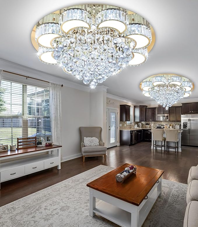 31.4" Gold Modern Crystal Chandeliers for Dining Room LED Dimmable Light Fixtures Flush Mount Light Living Room Bedrooms