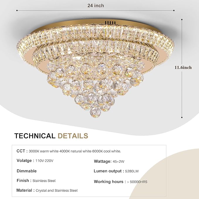 COCOSTAR 24" Gold Crystal Chandeliers, Flush Mount Chandelier LED Ceiling Light, Modern Crystal Raindrop Chandeliers for Dining Room, Living Room, Bedroom