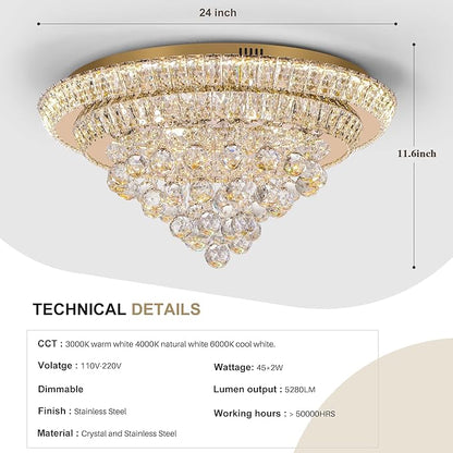 COCOSTAR 24" Gold Crystal Chandeliers, Flush Mount Chandelier LED Ceiling Light, Modern Crystal Raindrop Chandeliers for Dining Room, Living Room, Bedroom