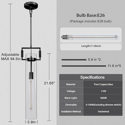 Black Pendant Lights,Modern Glass Pendant Lights Kitchen Island,21.6'' Farmhouse Kitchen Pendant Lighting Over Island for Dining Table,Bathroom,Bedroom,Included E26 Bulb