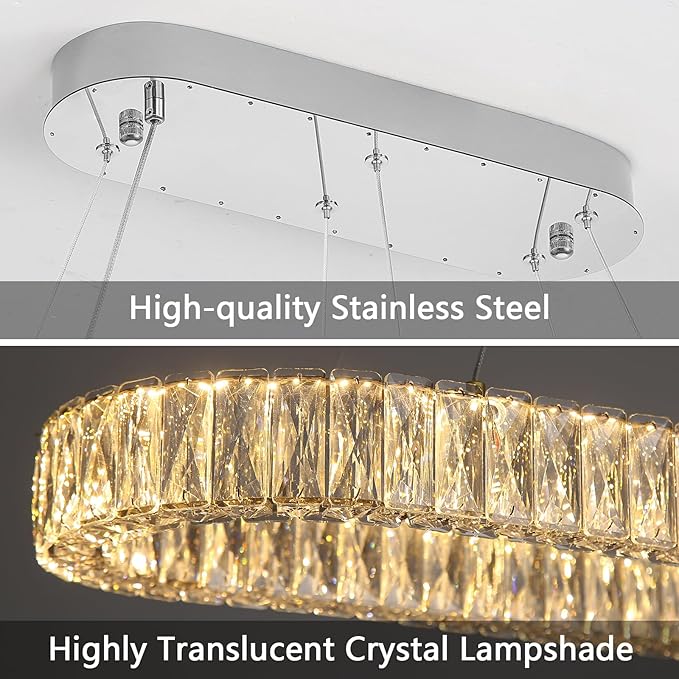 HAIXIANG LED Long Chandeliers for Dining Table Modern Chandelier Dimmable Pendant Lights Crystal Rectangular Glam Lighting Fixtures for Dining Room Kitchen Island Silver