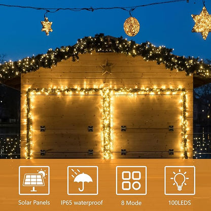 Flechllary Solar String Lights Outdoor Waterproof，39Ft 100 LED Solar String Lights with 8 Modes ，Solar Christmas Lights Outdoor for Yard, Fence, Balcony, Party,Christmas Tree Decorations (Warm White)
