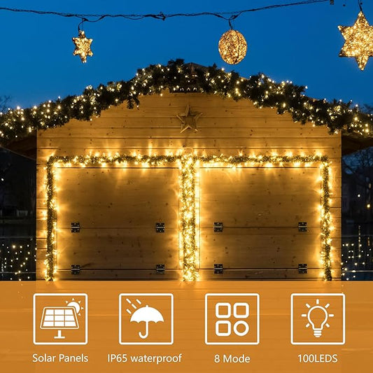 Flechllary Solar String Lights Outdoor Waterproof，39Ft 100 LED Solar String Lights with 8 Modes ，Solar Christmas Lights Outdoor for Yard, Fence, Balcony, Party,Christmas Tree Decorations (Warm White)