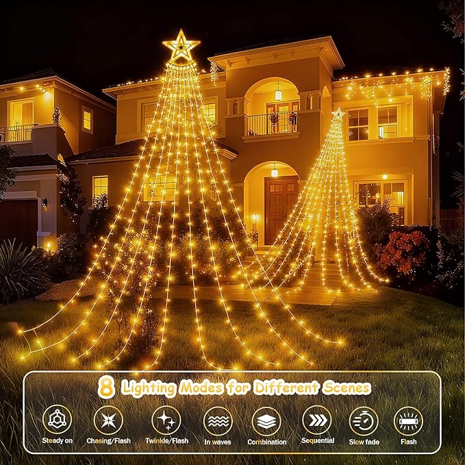 Star String Lights, 350 LED Tree Waterfall Fairy Lights, Outdoor Waterproof Christmas Decoration Lights with Remote, 16FT X 9 Hanging LED Lamp for Garden Yard Wedding Birthday Festival, Warm Yellow