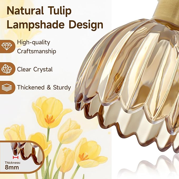 Bathroom Vanity Light 3 Light, 20 in Brushed Brass Bathroom Light Fixtures, Vintage Wall Sconces,Bath Vanity Lights Over Mirror with Amber Tulip Glass Shade for Bedroom Living Room,E26 Base
