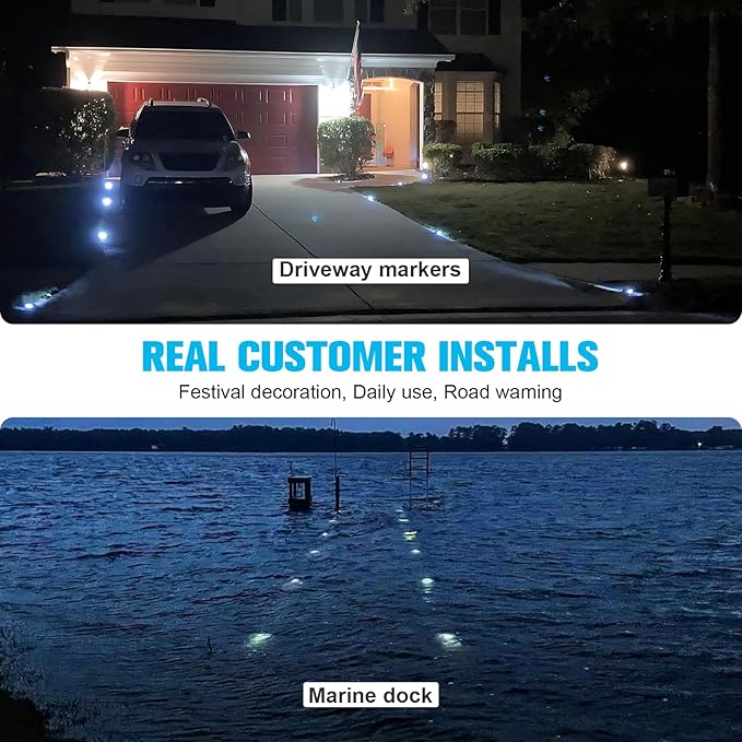 VOLISUN Solar Deck Lights Driveway Dock Lights, 4-Pack Led IP68 Waterproof Outdoor Warning Step Light for Driveway Sidewalk Garden Pathway Yard(Warm White)