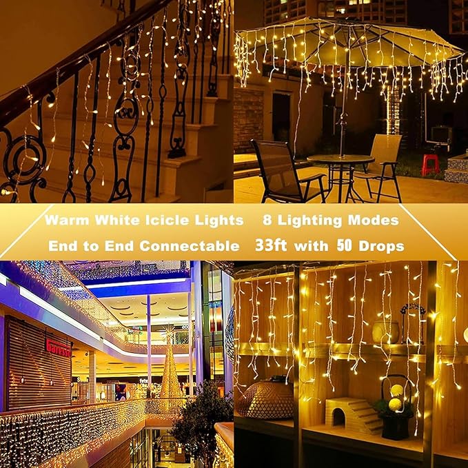 Joomer Christmas Icicle Lights - 33FT Plug in String Lights Waterproof, 8 Modes Timer Connectable Outdoor String Light for Christmas Party, Eaves, Roofs, Xmas Decorations (Warm White)