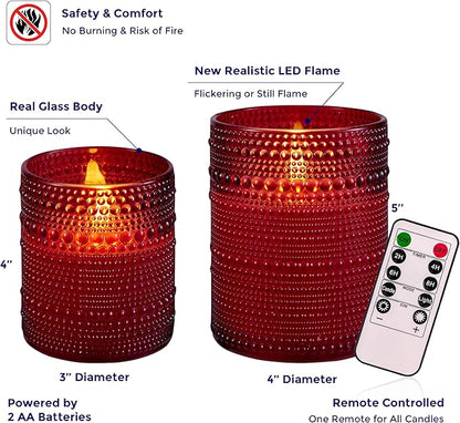 VENTA Set of 2 Red Glass Flameless Candles with Remote | Dimmable Flickering Votives, Ideal for a Romantic Dinner, Anniversaries, and Home Ambiance | Decorative Table Lamp