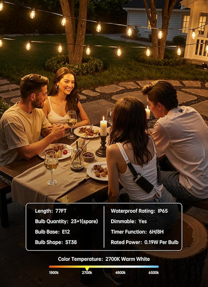 Minetom 77FT Outdoor String Lights with Remote, 23+1 Shatterproof ST38 LED Bulbs, Waterproof Patio Lights with 3 Modes, Dimmable & Connectable 2700K Hanging Lights for Backyard Porch Deck Balcony