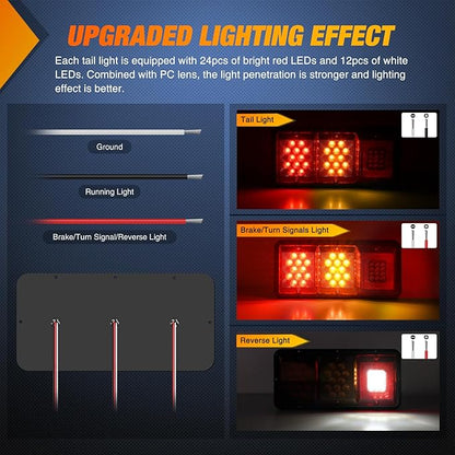 Nilight LED Triple Tail Light 2PCS Rectangle Red Amber Stop Brake Turn Signals White Reverse Back Up Lights Surface Mount Waterproof Trailer Camper Van RV Caravan Taillights