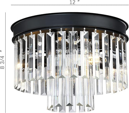 MEXO Crystal Flush Mount Ceiling Light Black Finish,2-Tier Crystal Close to Ceiling Light Fixture for Living Room Bedroom Dinning Room Hallway