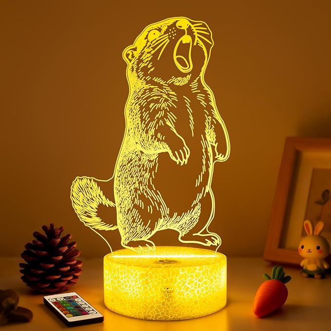 Lampeez Groundhog 3D Night Light for Kids, LED 16 Colors Remote Control Changing Touch Dimmable Table Desk Lamp, Cute Animal Gifts for Groundhog Lovers Animal Fans
